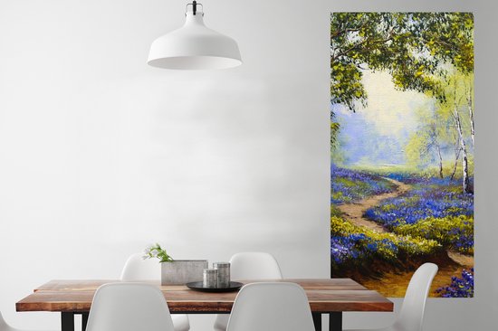 Poster Schilderij - Natuur - Bos - Bloemen - Olieverf - 75x150 cm