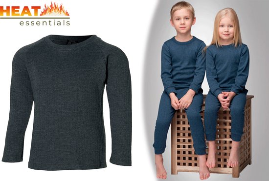Heat Essentials - Thermokleding Kinderen - ThermoShirt - 104-110 - Antraciet Grijs - Thermo Ondergoed - Thermo Shirt Lange Mouwen
