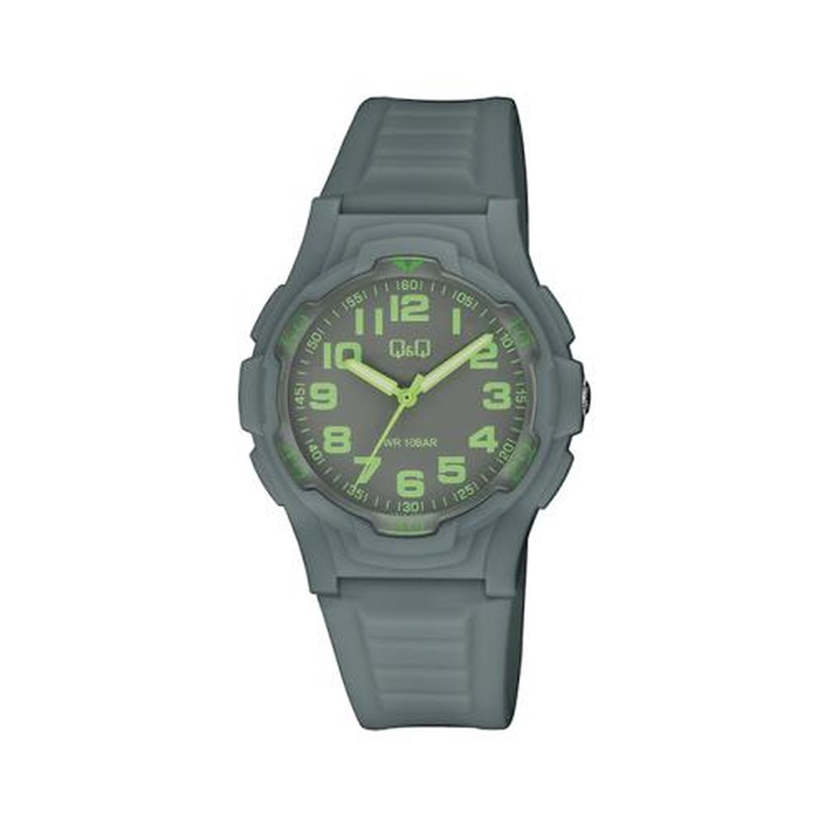 QQ V31A-006VY - Horloge - Analoog - Dames - Heren - Unisex - Siliconen band - Kunststof - Cijfers - Rond - Grijs - Groen - 10ATM waterdicht