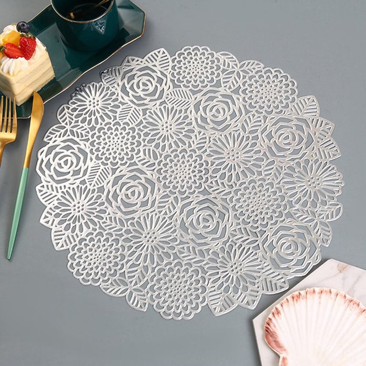 4x Zilveren Placemats Rond - Rosas Silver - Zilver - Decoratie - 38cm rond