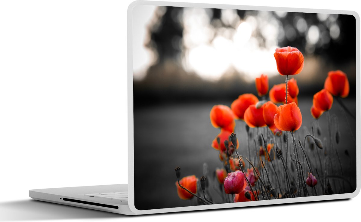 Laptop sticker - 12.3 inch - Rode Klaprozen tegen zwarte met witte achtergrond - 30x22cm - Laptopstickers - Laptop skin - Cover