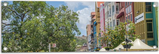 WallClassics - Tuinposter – Gekleurde Huisjes op Curacao - 90x30 cm Foto op Tuinposter  (wanddecoratie voor buiten en binnen)