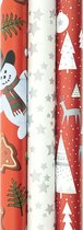 Assortiment cadeaupapier - inpakpapier voor kerst rood en wil - 200 x 70 cm - 3 rollen