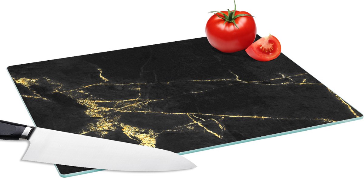 Glazen Snijplank - 39x28 - Marmer - Zwart - Goud - Luxe - Snijplanken Glas