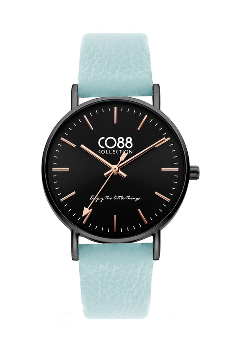 CO88 Collection 8CW-10120 Horloge - Licht Blauw - Leren Band - tot 20cm Polsmaat - 36mm Doorsnee - Rosegoudkleurig