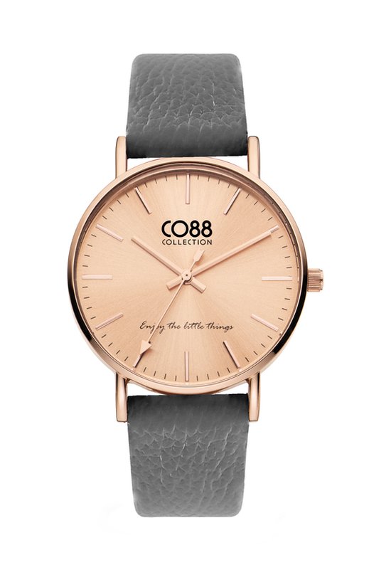 CO88 Collection 8CW-10122 Horloge - Grijs - Leren Band - tot 20cm Polsmaat - 36mm Doorsnee - Rosegoudkleurig
