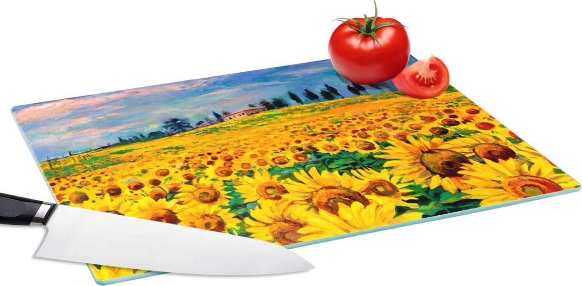 Glazen Snijplank - 39x28 - Olieverf - Schilderij - Bloemen - Zonnebloem - Snijplanken Glas