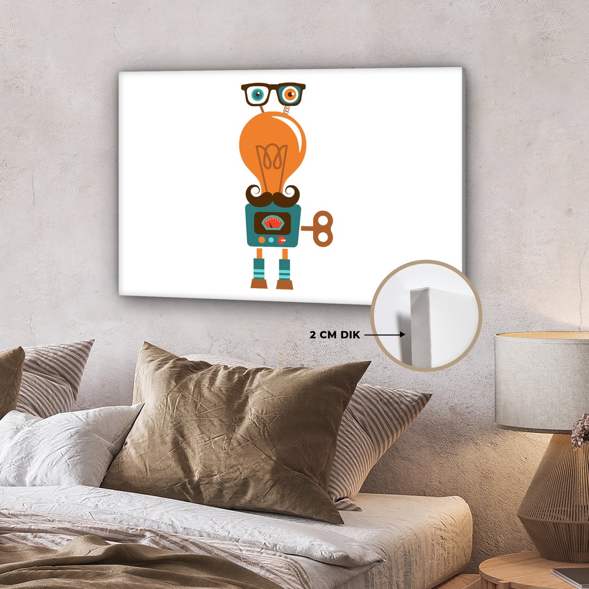 Canvas schilderij 60x40 cm - Wanddecoratie Robot - Bril - Gloeilamp - Snor - Kinderen - Jo