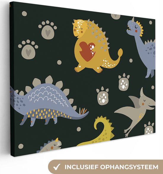 Canvas schilderij kinderen - Dinosaurus - Patronen - Kinderen - Hartje - Slaapkamer decoratie - Babykamer - Canvas doek kids - 40x30 cm