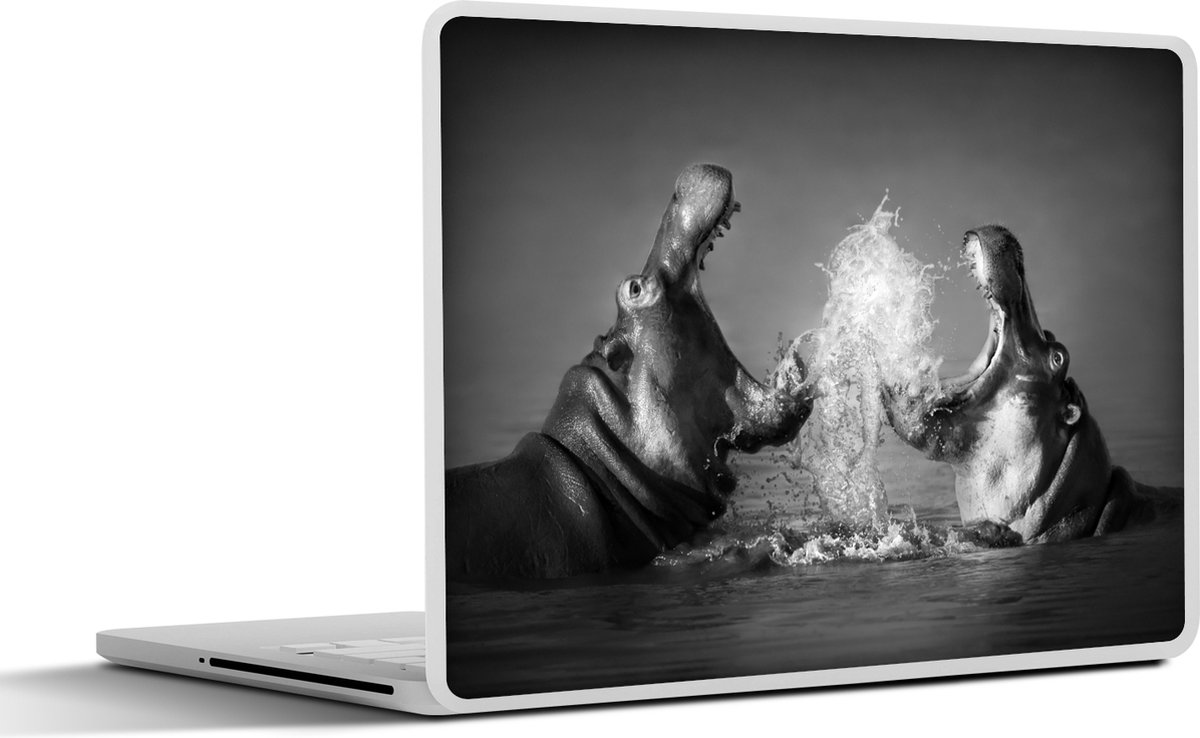 Laptop sticker - 14 inch - Dieren - Nijlpaard - Water - Zwart - Wit - 32x5x23x5cm - Laptopstickers - Laptop skin - Cover