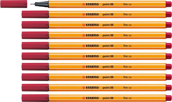 STABILO point 88 - Premium Fineliner - Fine 0,4 mm – Crimson Rood– Doos 10 stuks