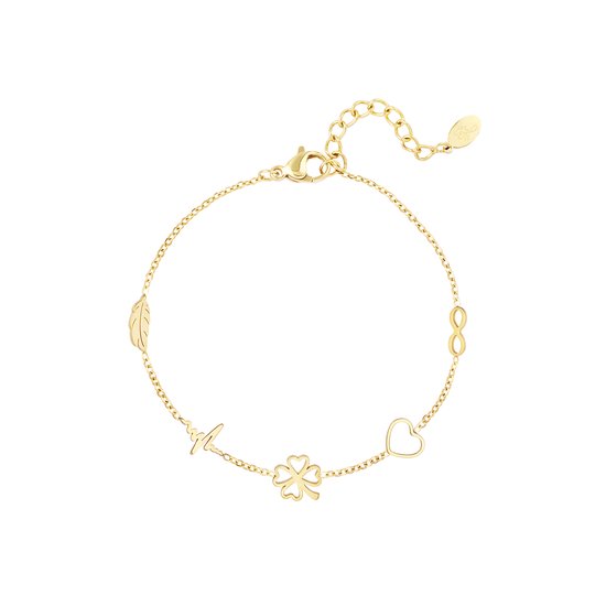 Bracelet doré avec cœur, trèfle, ligne ECG, plume et symbole de l'infini