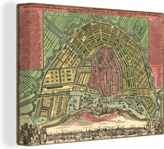 Plan de la ville historique de la toile d' Amsterdam néerlandaise - Carte 40x30 cm - petit - Tirage photo sur toile (Décoration murale salon / chambre)