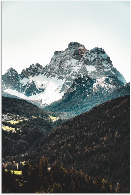 WallClassics - Poster Glanzend – Bomen bij Rotsachtige Bergen - 60x90 cm Foto op Posterpapier met Glanzende Afwerking