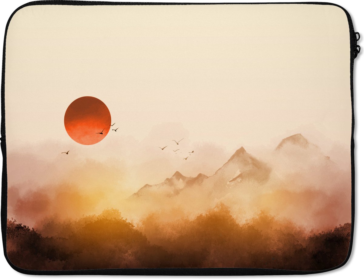 Laptophoes 17 inch - Schilderij - Zon - Landschap - Vogels - Laptop sleeve - Binnenmaat 41x28 cm - Zwarte achterkant