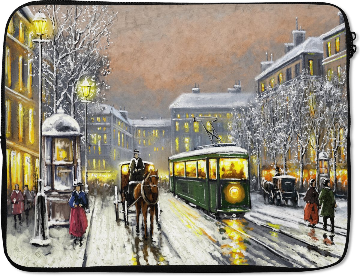 Laptophoes 17 inch - Schilderij - Winter - Tram - Paard - Stad - Olieverf - Laptop sleeve - Binnenmaat 41x28 cm - Zwarte achterkant