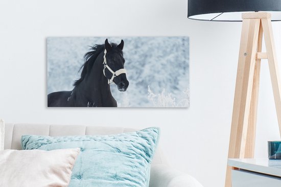 Toile Peinture Cheval - Neige - Hiver - 40x20 cm - Décoration murale