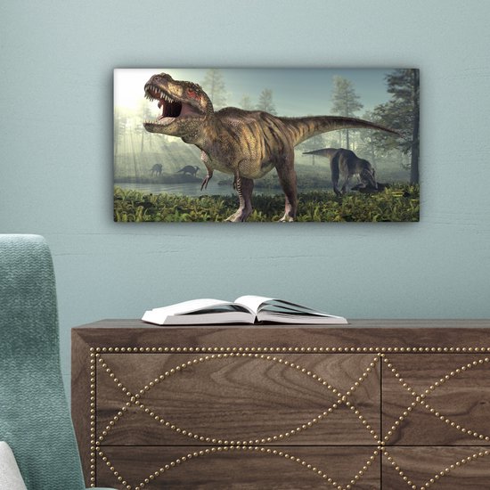 Toile Peinture Dino - Herbe - Dessin - 40x20 cm - Décoration murale