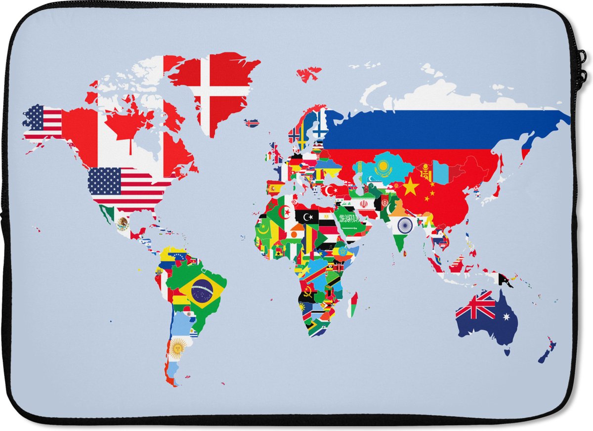 Laptophoes 13 inch - Wereld - Kaart - Vlag - Landen - Laptop sleeve - Binnenmaat 32x22,5 cm - Zwarte achterkant