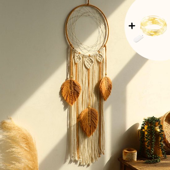 ZoeZo - Macramé wandhanger met verlichting - Veren - Bruin - Macramé dromenvanger - Wanddecoratie - Wandkleed - Home decoratie - Muurdecoratie