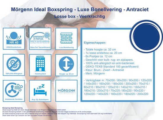 Mörgenn Ideal Boxspring - Losse Box - Luxe Bonellvering - Antraciet - 90 x 200 cm