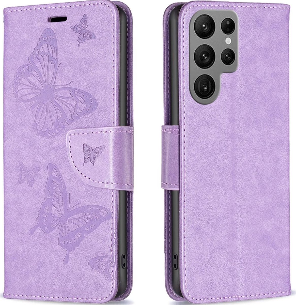 Mobigear Telefoonhoesje geschikt voor Samsung Galaxy S23 Ultra Hoesje | Mobigear Butterfly Bookcase Portemonnee | Pasjeshouder voor 3 Pasjes | Telefoonhoesje voor Pinpas / OV Kaart / Rijbewijs - Paars
