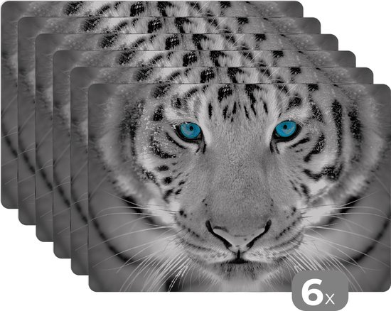 Placemat - Placemats kunststof - Dieren - Tijger - Ogen - Blauw - Zwart wit - 45x30 cm - 6 stuks - Hittebestendig - Anti-Slip - Onderlegger - Afneembaar