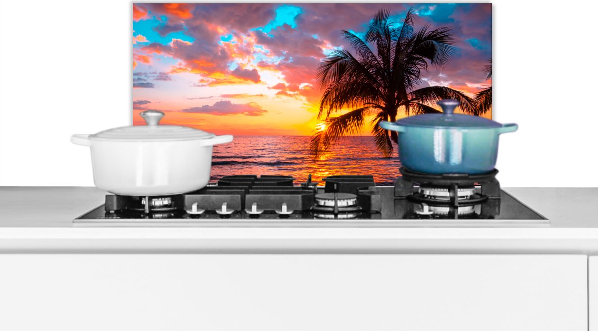 Spatscherm Keuken - Kookplaat Achterwand - Spatwand Fornuis - 80x40 Cm Palmbomen Strand Zomer Tropisch Aluminium Wanddecoratie Muurbeschermer