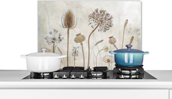 Spatscherm keuken 60x40 cm - Kookplaat achterwand Bloemen - Waterverf - Stilleven - Bruin - Vintage - Muurbeschermer - Spatwand fornuis - Hoogwaardig aluminium - Alternatief voor spatscherm van glas
