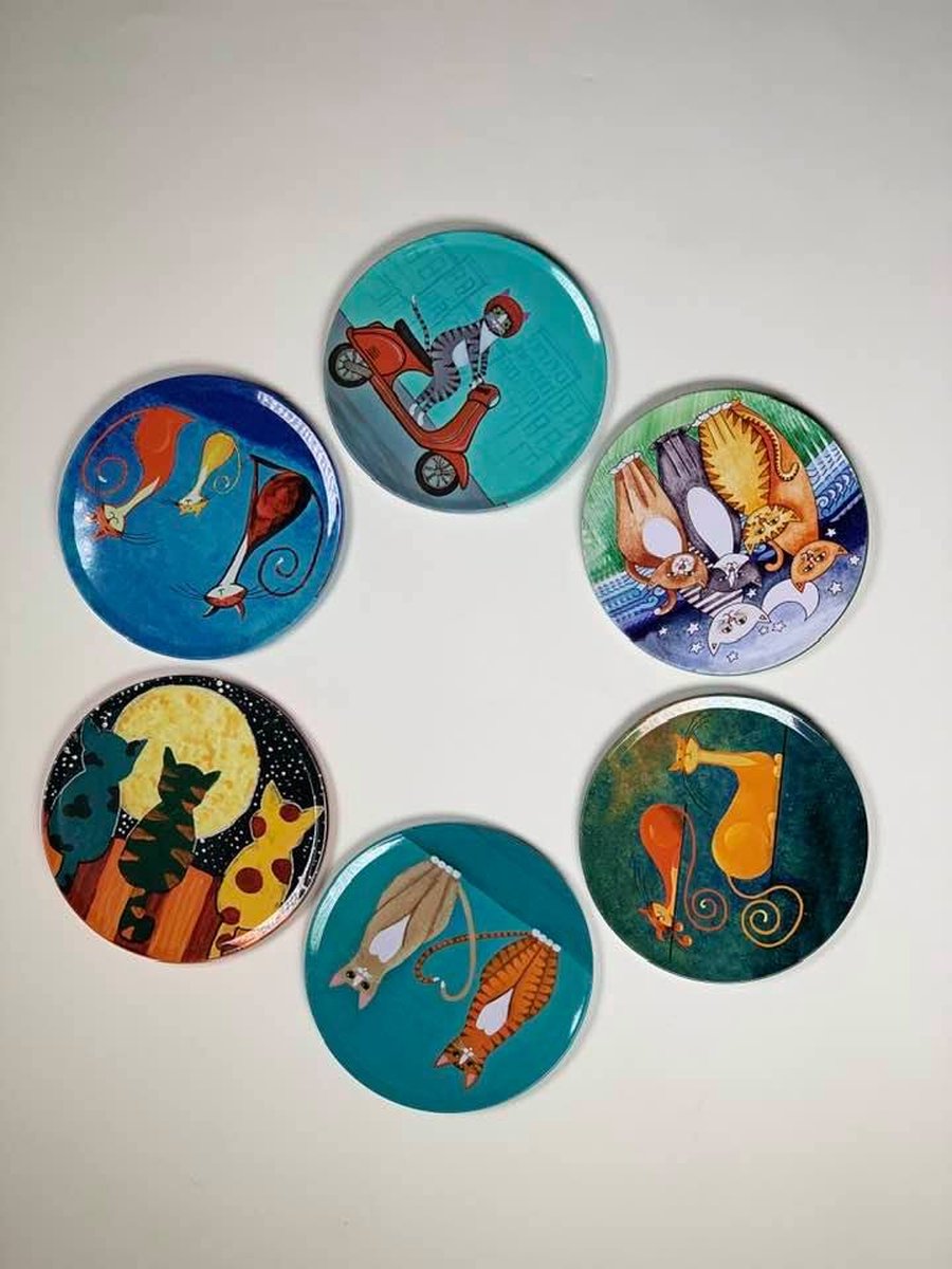 Cats onderzetters - Set van 6 - Onderzetters voor glazen - Cats - Cat design - Coaster - Cadeau