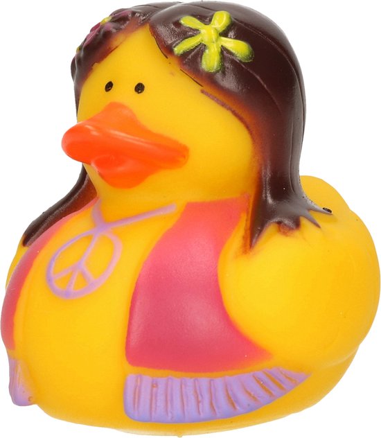 Badeendje - flower power hippie - geel met roze-paars vestje - 5 cm van Bade — afbeelding 2