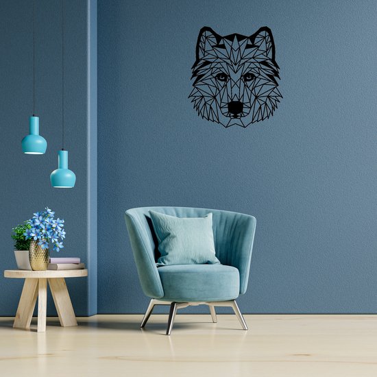 Geometrische Husky - H 63cm B 59cm - Line art - Wall art - Muurdecoratie zwart - Van Aaken Design