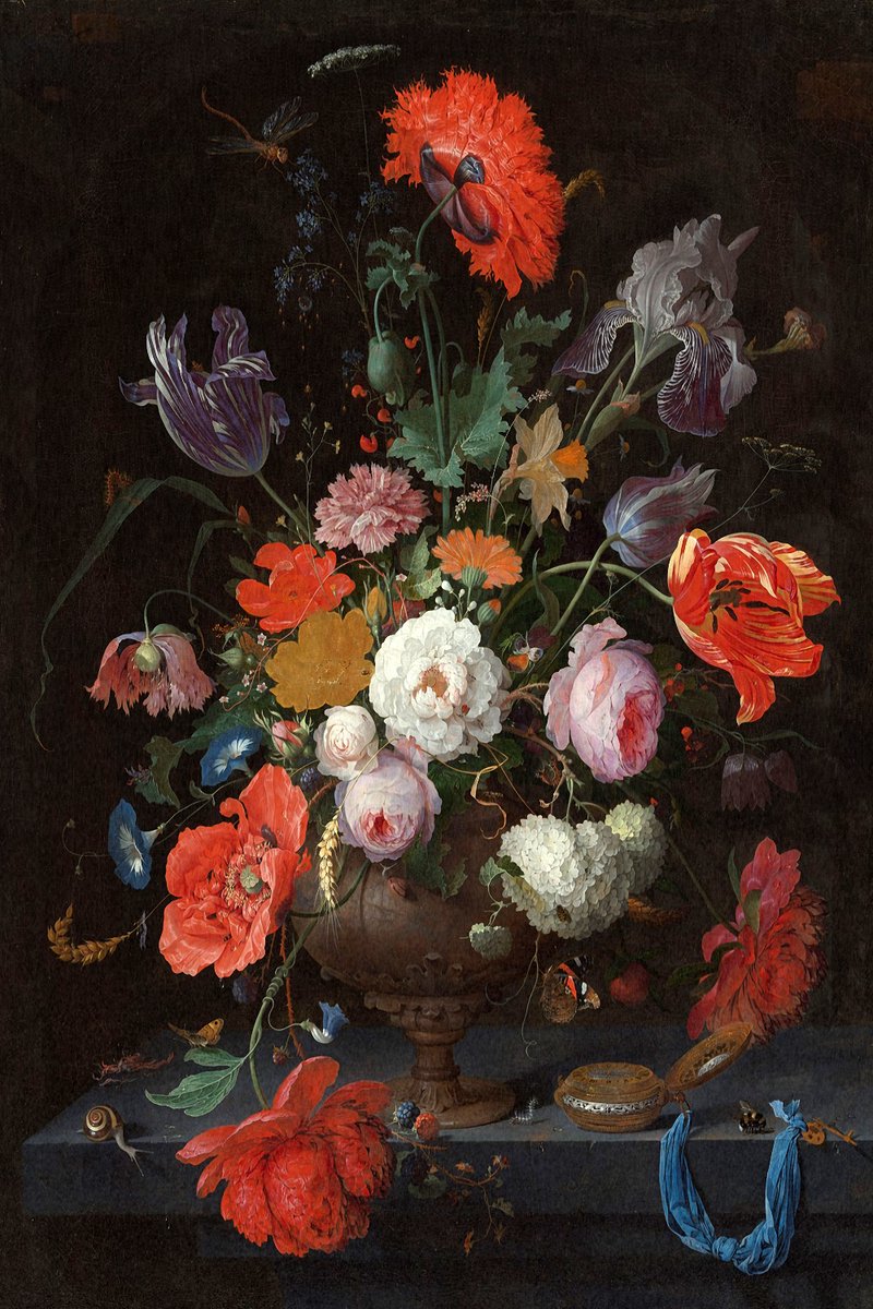 Abraham Mignon - Stilleven met Bloemen en een Horloge (1660) Canvas Print