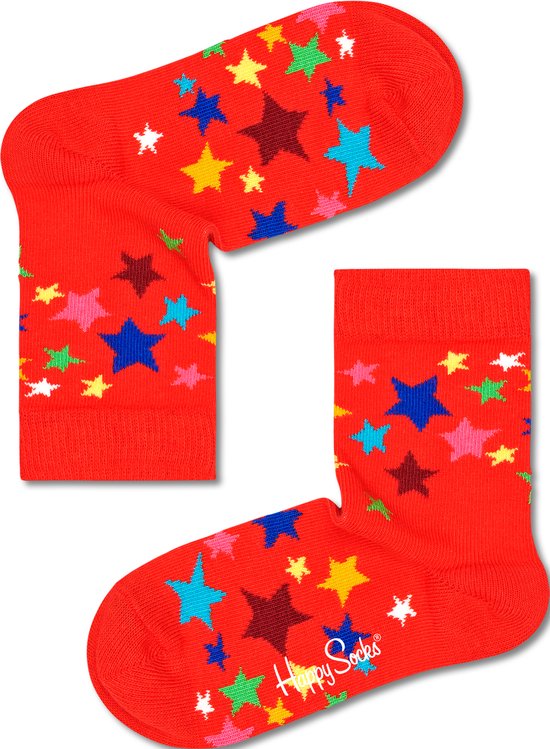 Rode kindersokken met een veelkleurig sterrenpatroon en Happy Socks-logo.