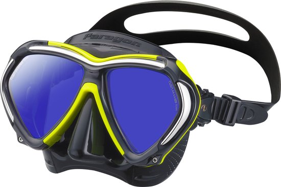 TUSA Paragon M2001SQB duikmasker in zwart en geel met dubbele blauwe lenzen.