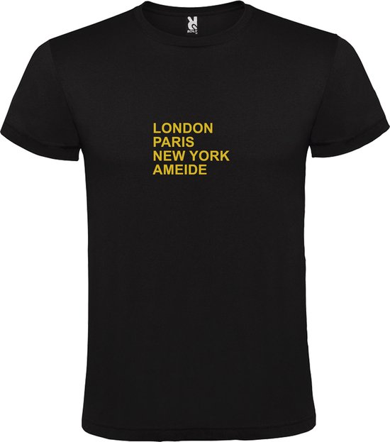 Zwart T-Shirt met “ LONDON, PARIS, NEW YORK, AMEIDE “ Afbeelding Goud Size M