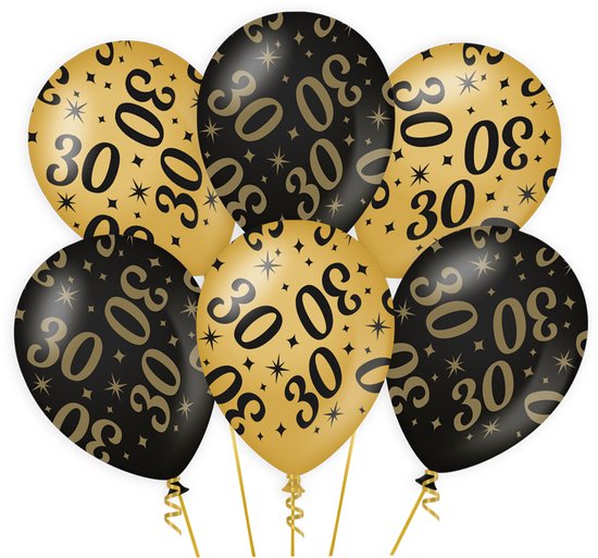 30 Jaar Verjaardag Decoratie Versiering - Feest Versiering - 6x Ballonnen - Man & Vrouw - Zwart en Goud - Ballon