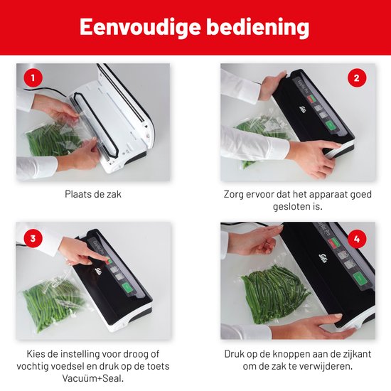 Instructions étape par étape pour le scellage sous vide avec une machine blanche et noire : placer le sac, s'assurer qu'il est bien fermé, choisir le réglage, appuyer sur le bouton.