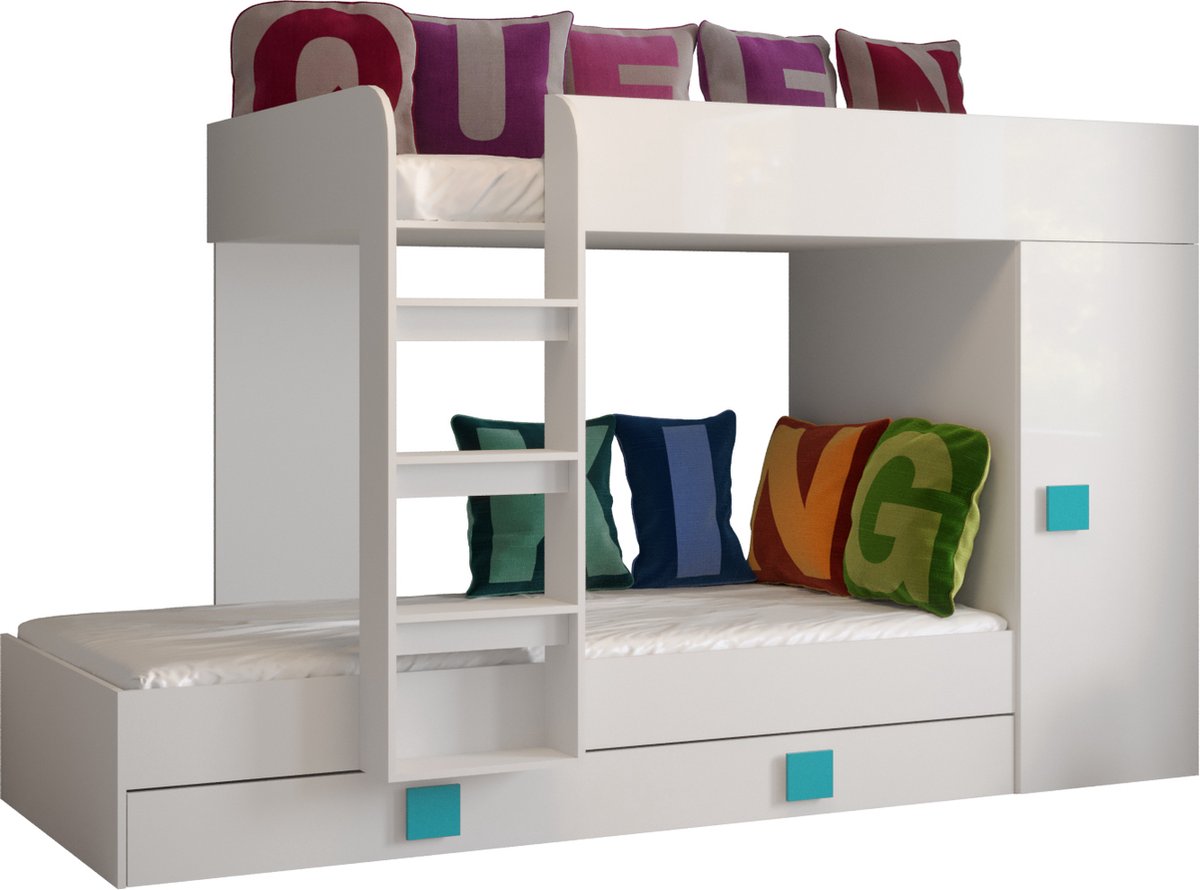 Stapelbed LEDO 2 - Antresola - 90X200 cm - naar de Kinderkamer - Wit + Turkoois handvatten (zonder Matras)
