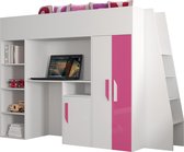 InspireMe - Stapelbed LECKLER 15 - Antresola - 90X200 cm - naar de Kinderkamer - Wit + Roze (met Matras)