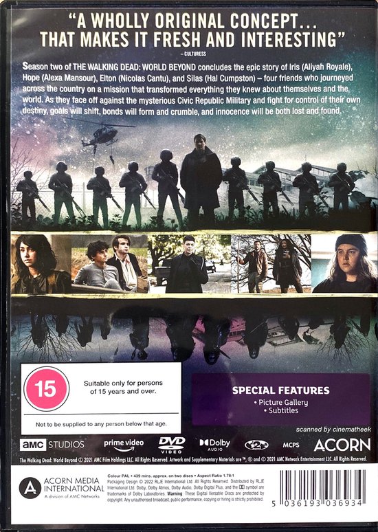 DVD van The Walking Dead: World Beyond, seizoen 2, met beelden van de cast en tekst in het Engels.
