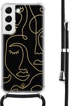 Samsung Galaxy S22 hoesje met koord - Abstract faces - Zwart - Geometrisch patroon - Afneembaar zwart koord - Crossbody - Schokbestendig - Casimoda