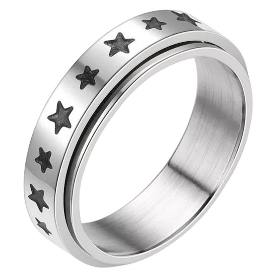 Anxiety Ring - (Sterretjes) - Stress Ring - Fidget Ring - Draaibare Ring - Spinning Ring - Spinner Ring - Zilverkleurig RVS - (19.75 mm / maat 62)