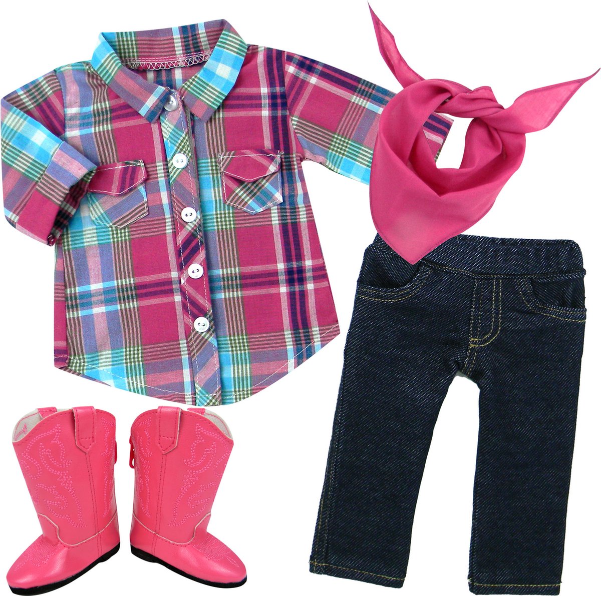 Sophia's Poppenkledingset voor Modepop - Geruite Overhemd en Cowgirl Laarzen - Poppen Accessoires