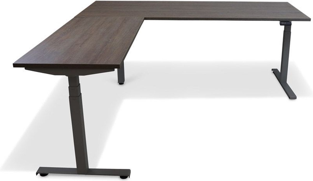 Roomforthenew Heathrow Hoek - Bureau - Bureautafel - Gaming bureau - Computertafel - Hoekbureau - Bruin eiken - Verstelbaar bureau - Gaming Desk - Bureau tafel - Hoekbureau verstelbaar - Zit sta bureau elektrisch – Zwart onderstel