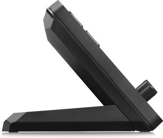 Zijaanzicht van de zwarte Stream Deck+ met de standaard en een draaiknop.