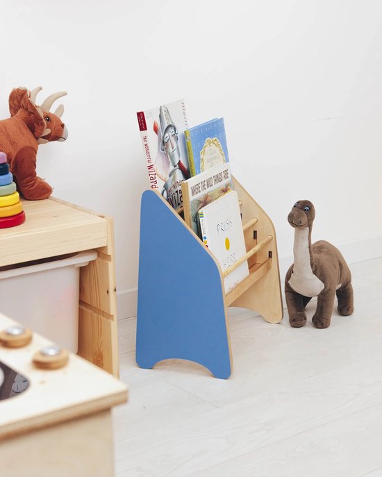 WFL - houten kinderboekenrek - Blauw en Naturel - 61.9 x 53,8 cm - Montessori - boekenkast voor kinderen - kinderboeken- speelgoedrek - kinderkamerkast - bookcase - opbergrek