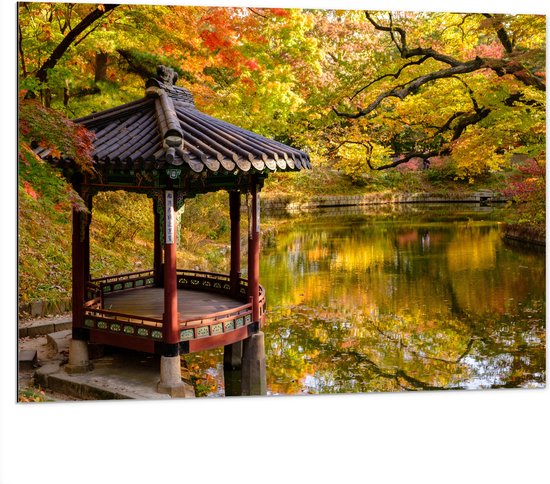 WallClassics - Dibond - Gazebo bij een Vijver - Secret Garden - Seoul - 100x75 cm Foto op Aluminium (Met Ophangsysteem)