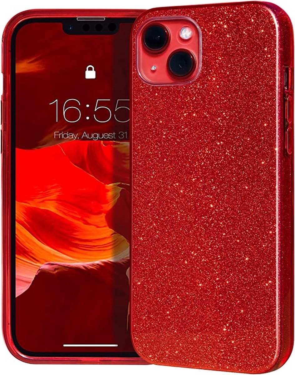 Geschikt voor iPhone 13 hoesje glitter backcover – Rood – oTronica