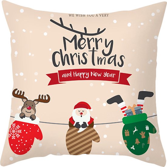 Without Lemon - Kerst Kussenhoes - Beige met Kerstman en Rendier in Wanten - Kerst kussen - Kerstdagen - Feestdagen - Kerst - Decoratie - Woondecoratie - Kussenslopen - December - Cadeau